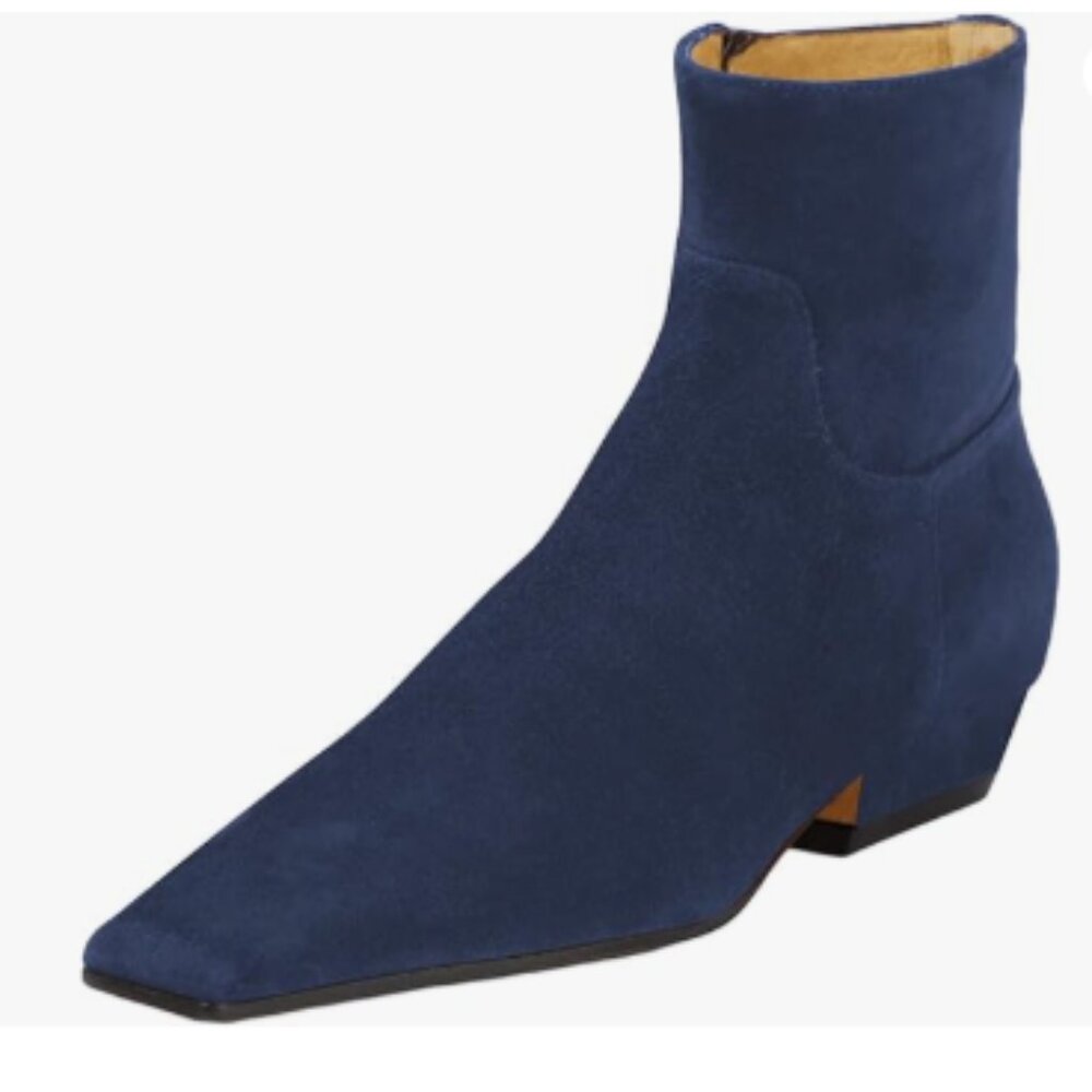 Navy Closed Square Toe Booties Low Chunky Block Heels Side Zipper Ankle Boots